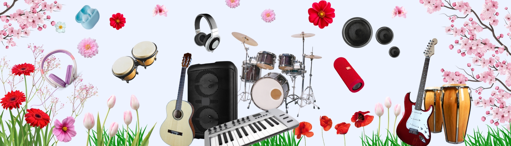 Des instruments de musique au milieu des fleurs pour les Ventes Flash de Printemps Amazon 2025